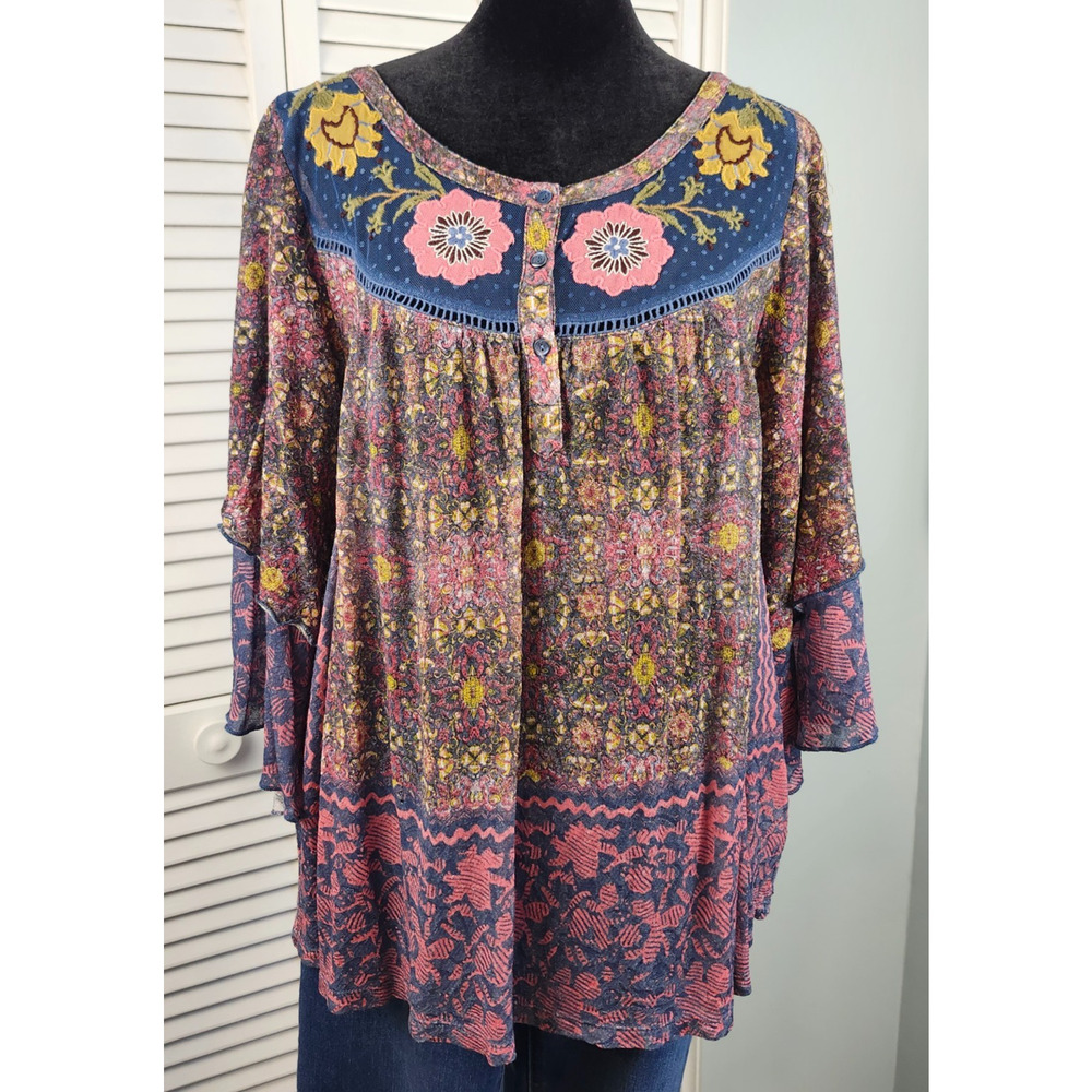 Anthropologie Floral Patchwork Peasant Blouse in Navy, Pink, Yellow